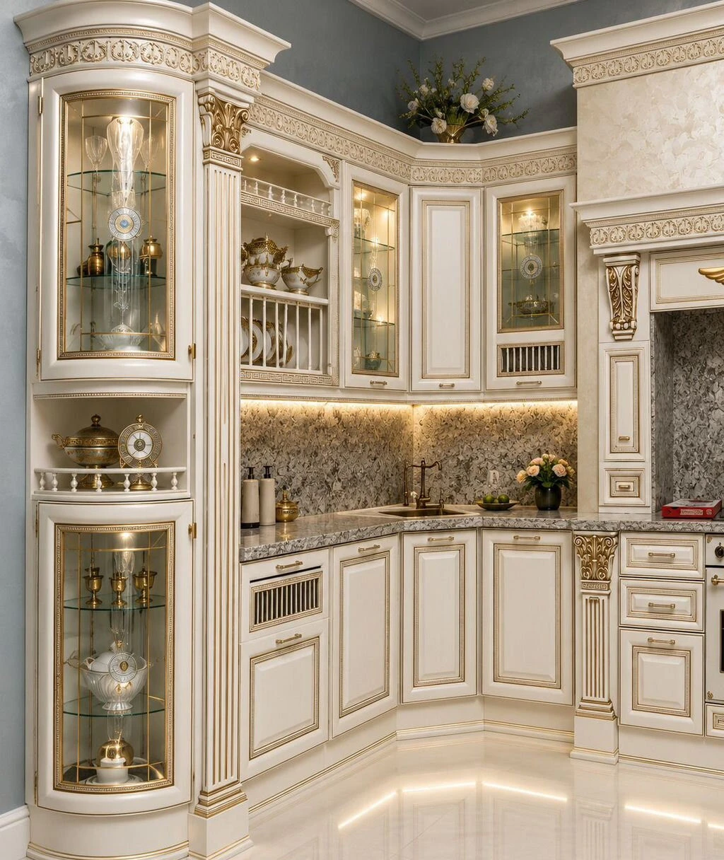 Кухня в классическом стиле со стеклянными шкафами